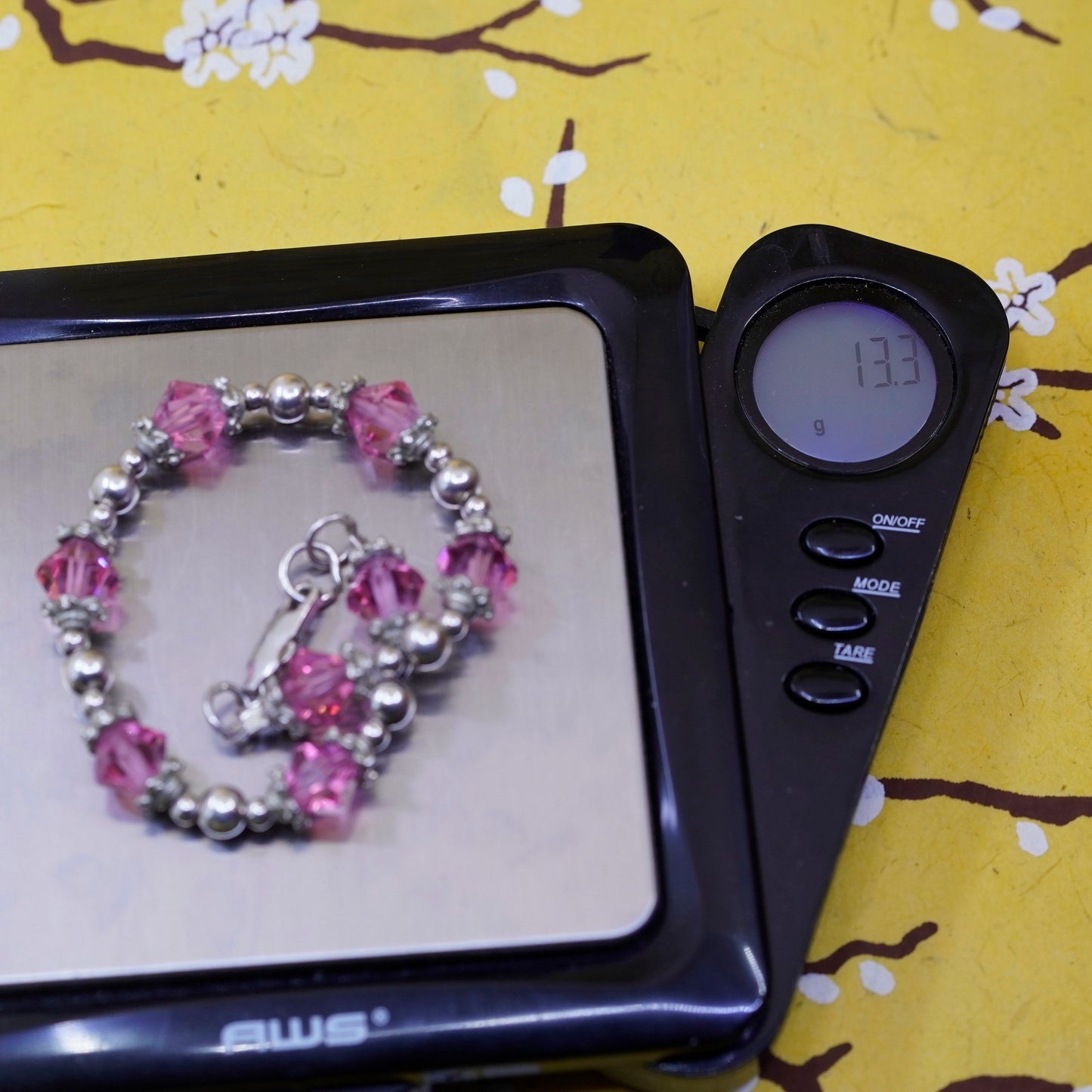 7”, Vintage Sterling silver handmade bracelet, 925 beads with pink crystal