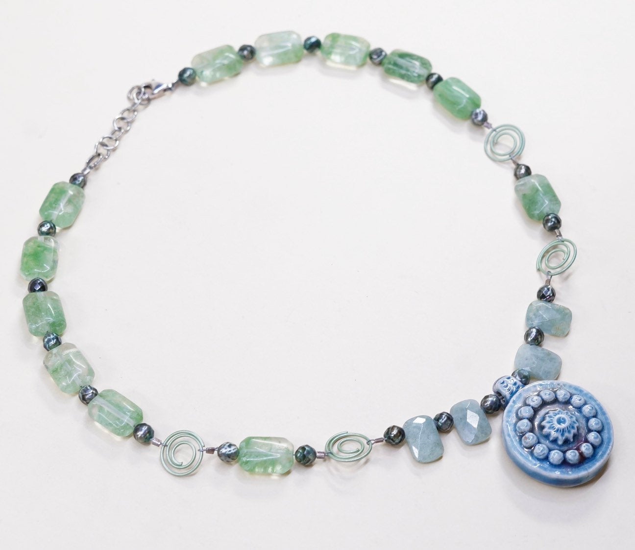 16+1.5”, Sterling silver necklace 925 circle chain w/ Jade beads N blue pottery