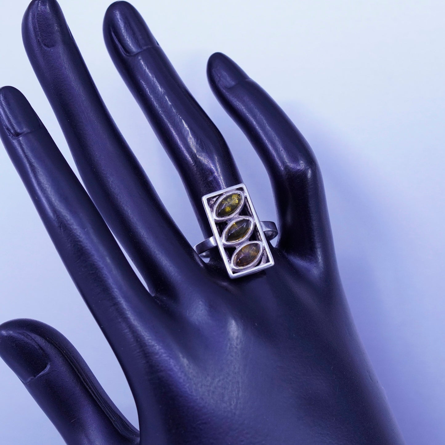 Size 8.5, vintage Sterling 925 silver handmade ring with Amber