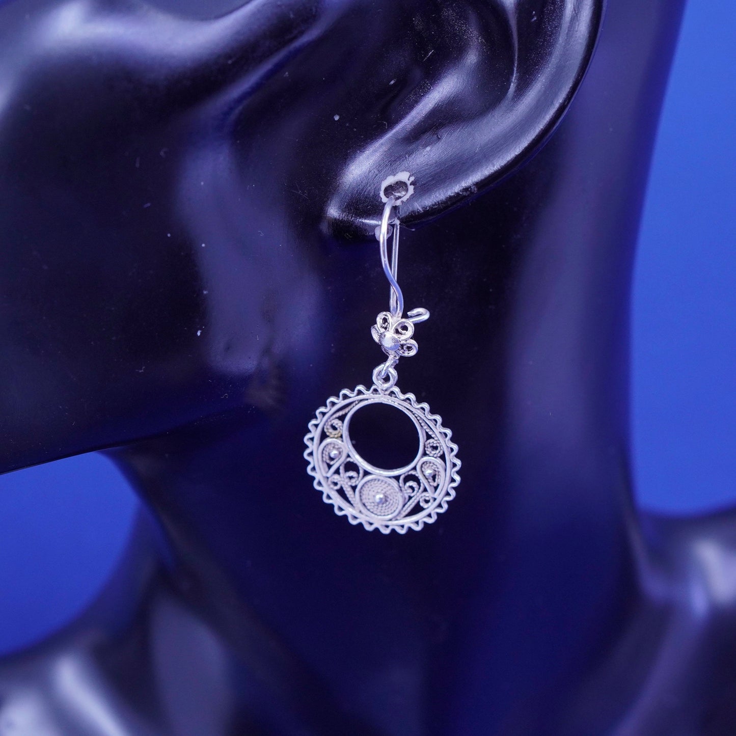 Vintage DCS sterling silver handmade earrings, 925 filigree round dangles