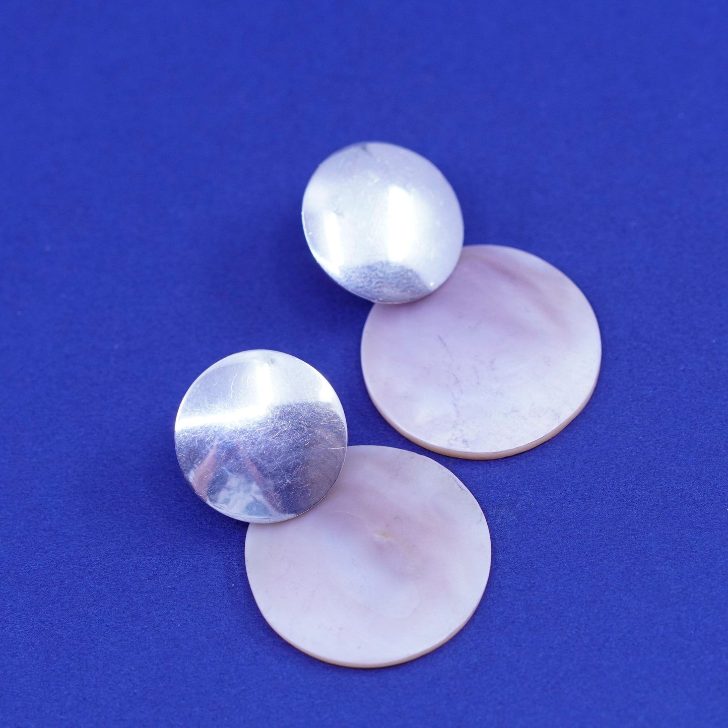sterling silver handmade earrings, 925 round studs with mother of pearl discs