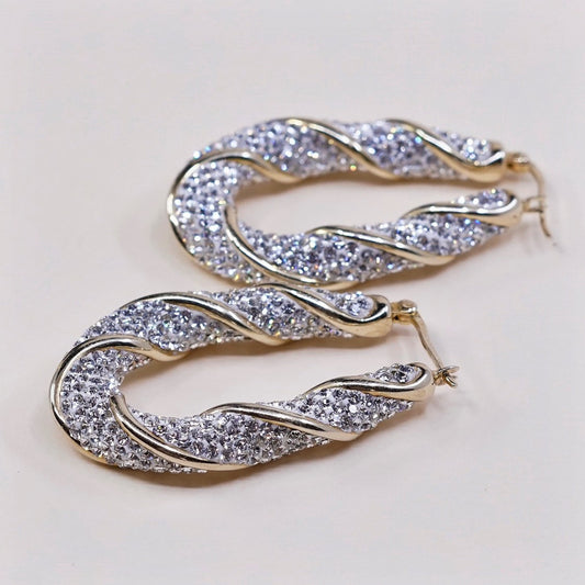 1.75" Vintage gold sterling silver earrings, 925 hoops, huggie, w/ cluster cz
