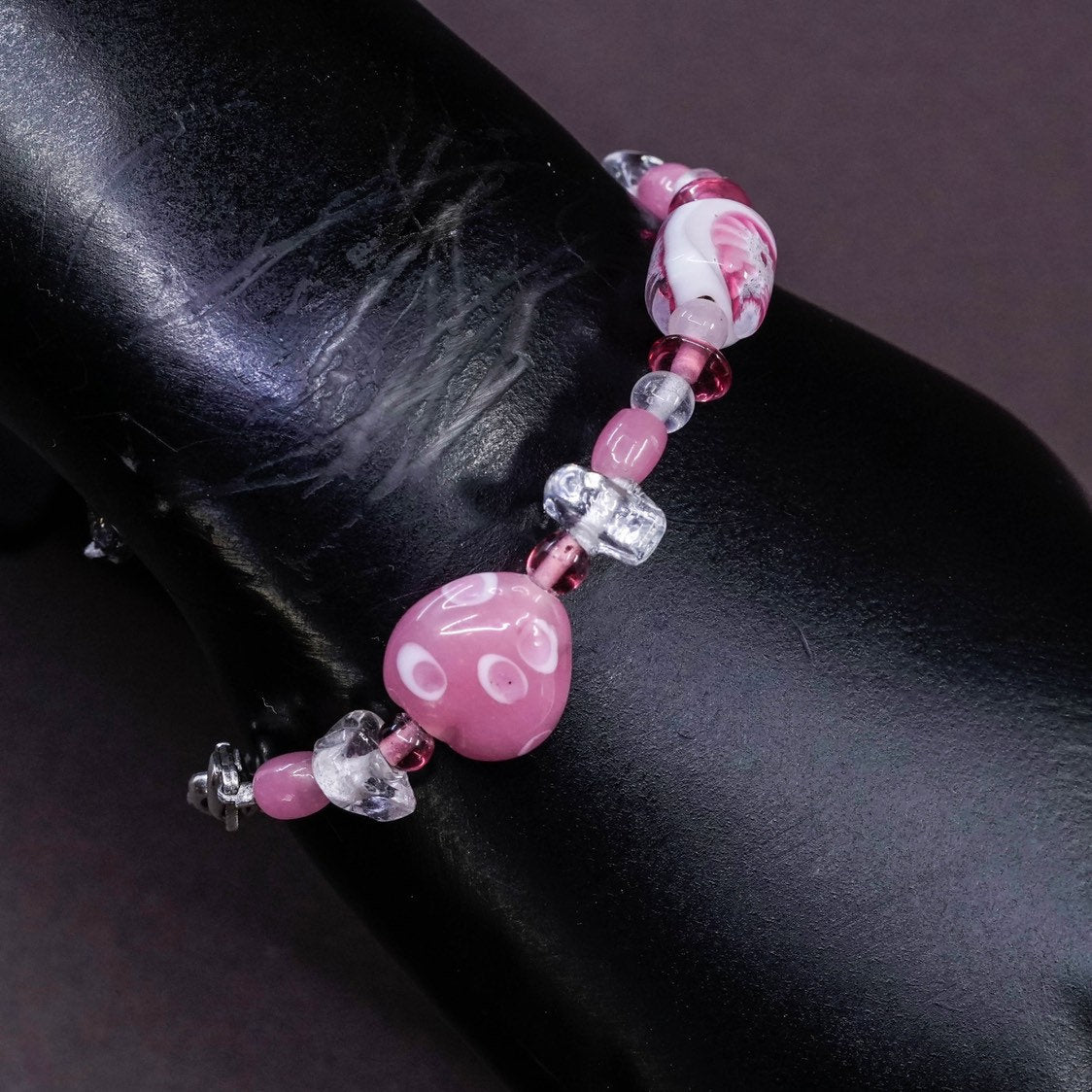 6”, vtg handmade pink artisan glass bead bracelet w/ 925 silver clasp