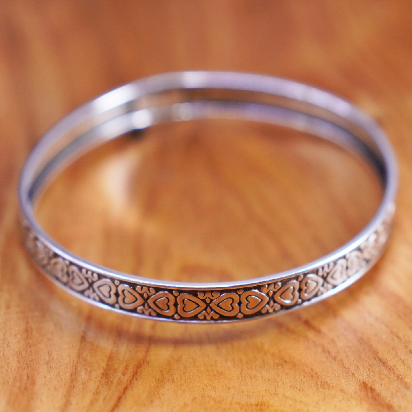 8”, Vintage Sterling silver handmade bracelet, 925 bangle with heart textured
