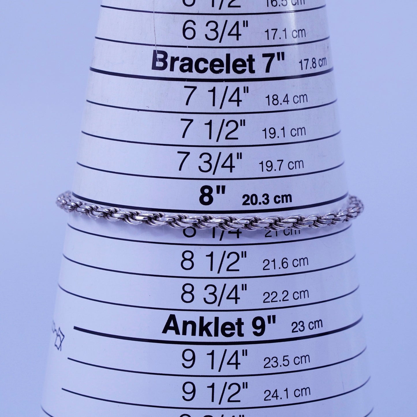 8.25”, 3mm, Vintage Italy Sterling 925 silver handmade bracelet, rope chain