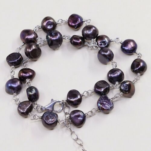 16+2”, Vtg Sterling silver handmade necklace, 925 Silver Chain W/ Pearl Beads