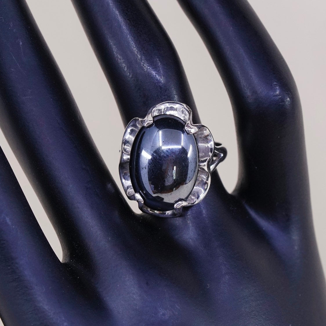 sz 5.75, vtg sterling silver handmade ring, mexico 925 flower w/ hematite bead
