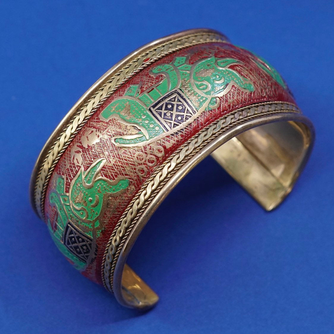 7.25”, vintage modern brass handmade bracelet, enamel cuff
