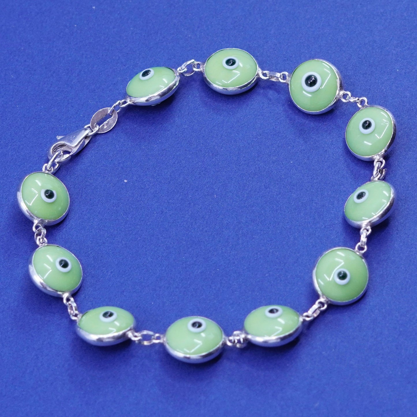 7”, Vintage handmade sterling 925 silver bracelet, green glass evil eye beads