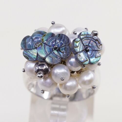 Sz 8.5, vintage Sterling 925 Silver Ring W/ Abalone flower N cluster Pearl