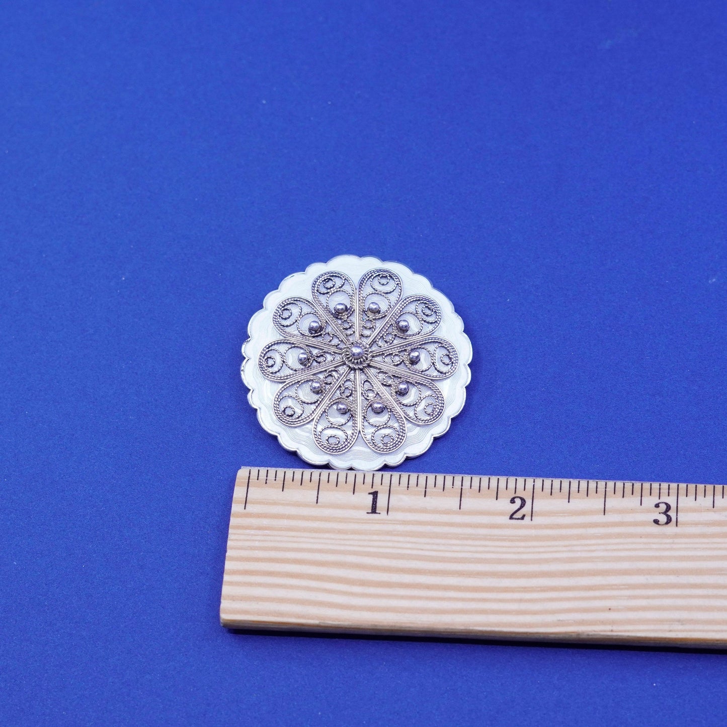 Norway sterling silver round handmade brooch, 925 filigree snowflake enamel pin