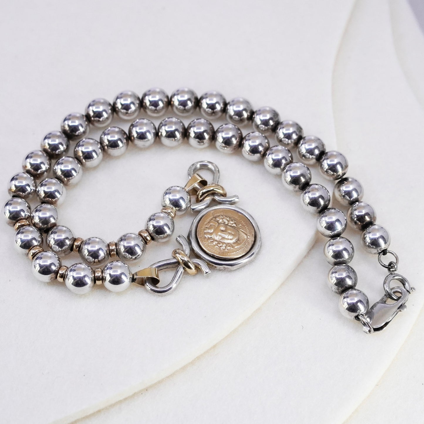 16”, VTG two tone Sterling 925 silver handmade beads necklace 14K yellow gold