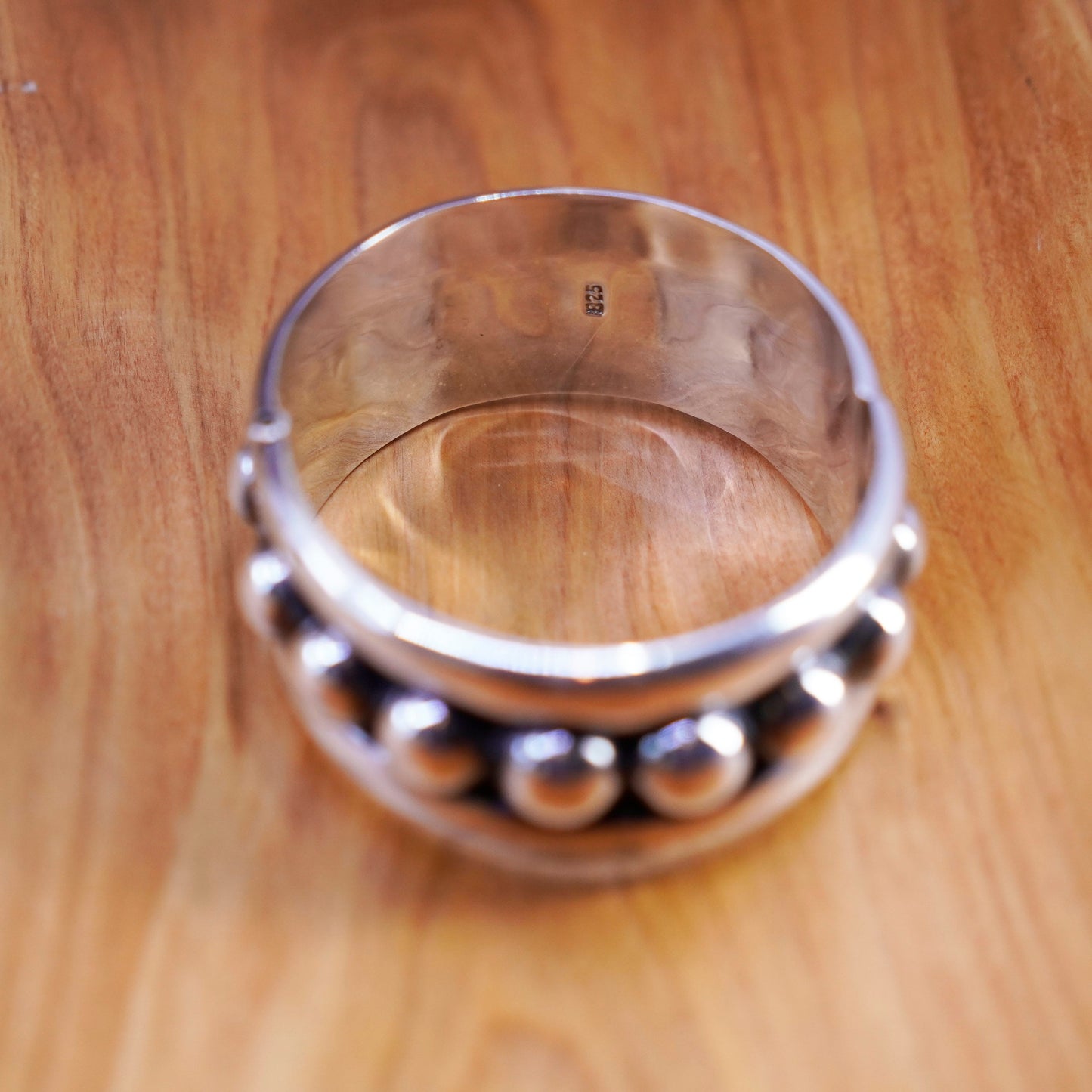 7”, antique sterling silver handmade bracelet, wide 925 hinged bangle w/ beads