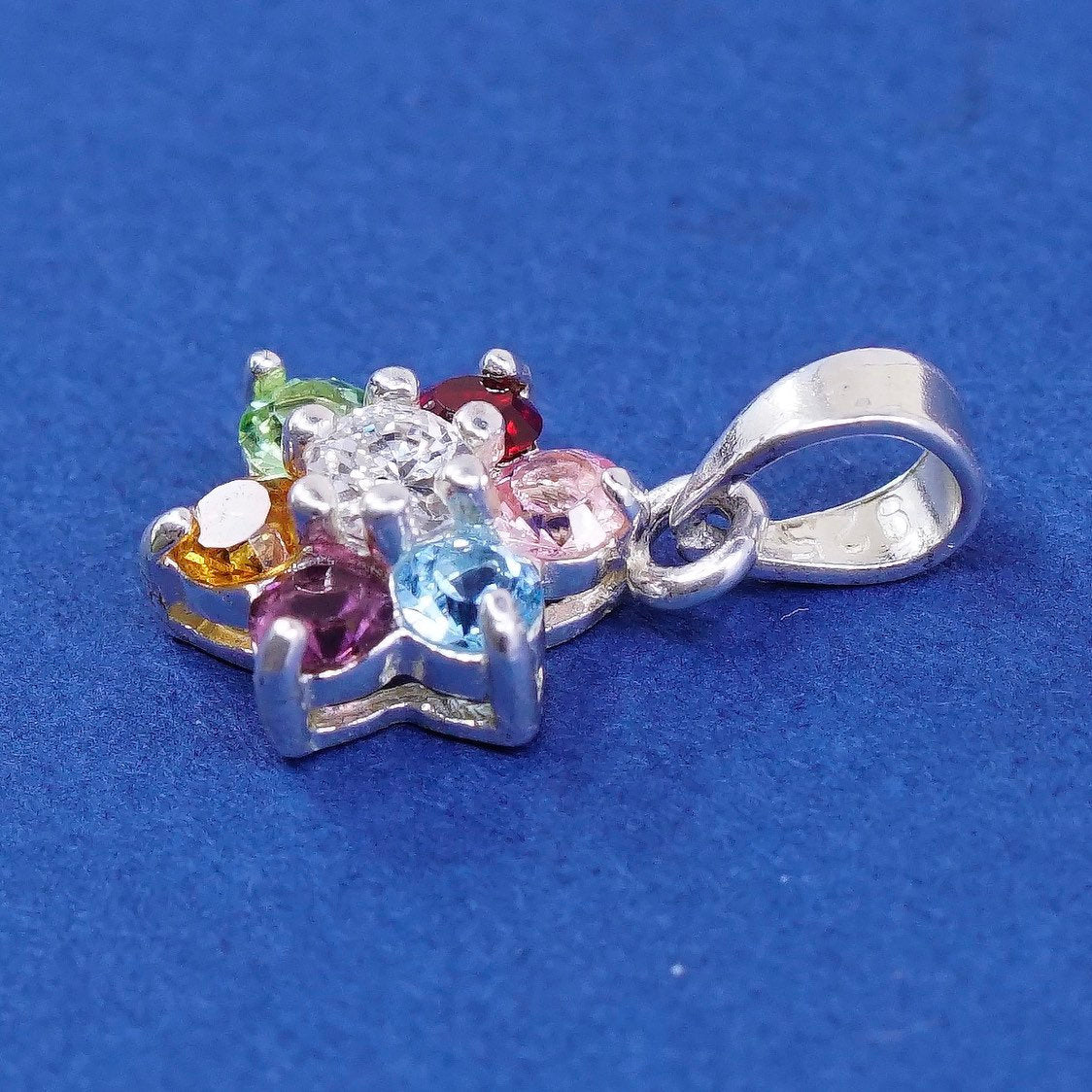 vtg Sterling silver handmade pendant, 925 flower w/ colorful crystal
