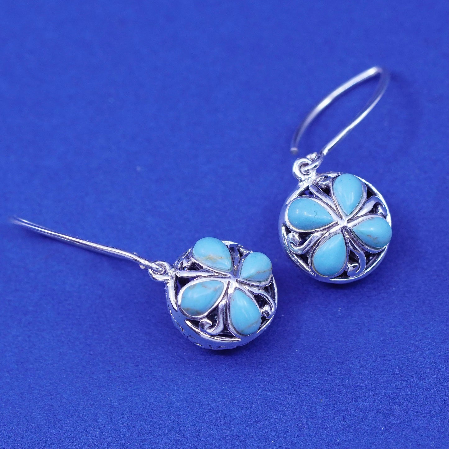 Vintage CFJ sterling 925 silver handmade filigree bead earrings with turquoise