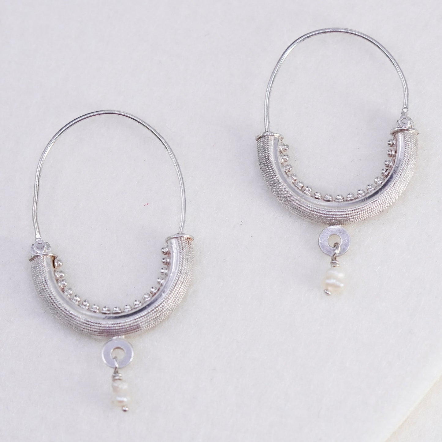 1.5”, vintage Sterling silver handmade earrings, wired 925 textured hoops pearl
