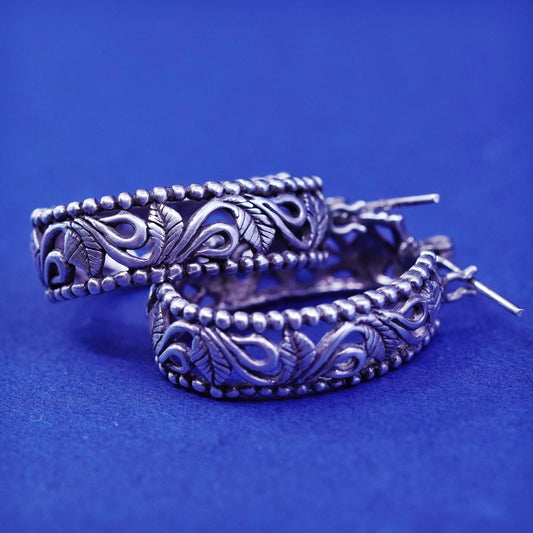0.75”, vtg Sterling silver handmade earrings, 925 filigree leaves hoops Huggie
