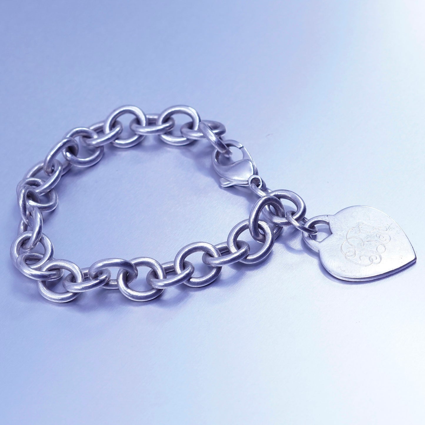 6.5”, Viking Sterling silver bracelet, 925 circle chain monogram “CBA” heart