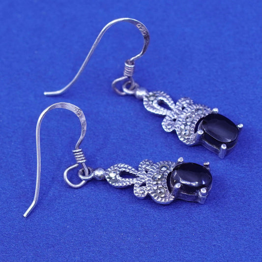 Vintage sterling 925 silver handmade earrings with oval obsidian and marcasite