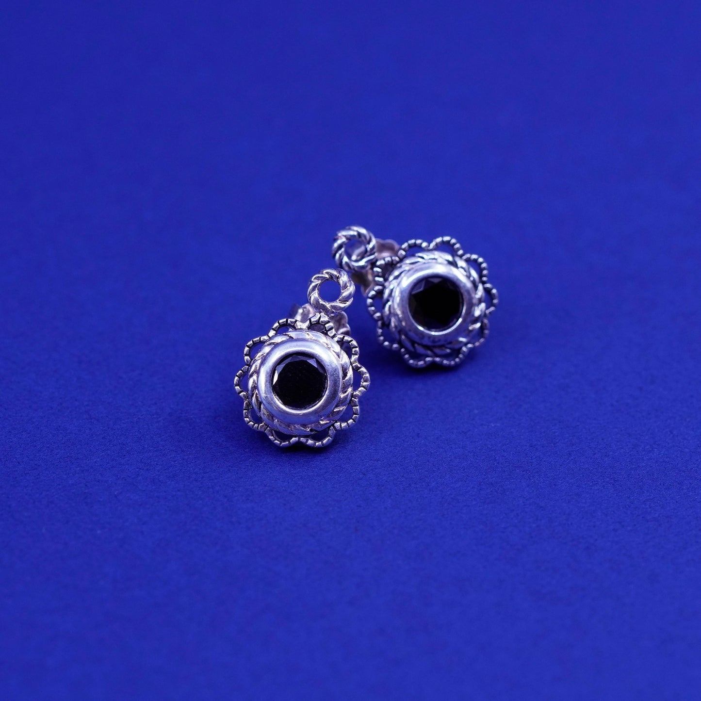 Vintage sterling silver handmade earrings, 925 studs with obsidian and cable
