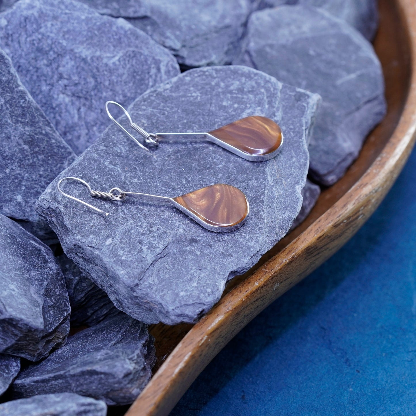 Vintage sterling silver handmade earrings, 925 teardrop with golden resin