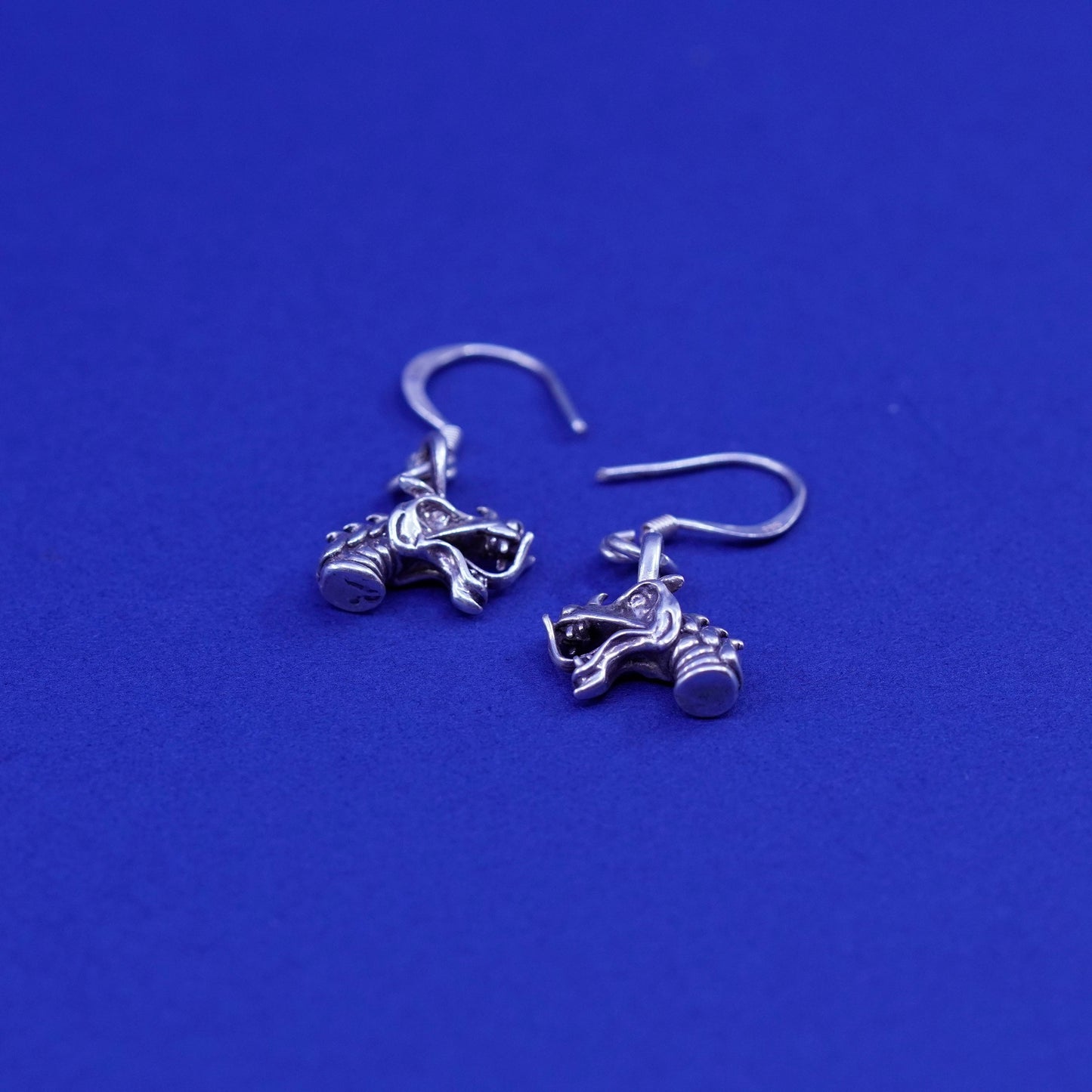 Vintage Sterling silver handmade earrings, 925 dragon head dangled
