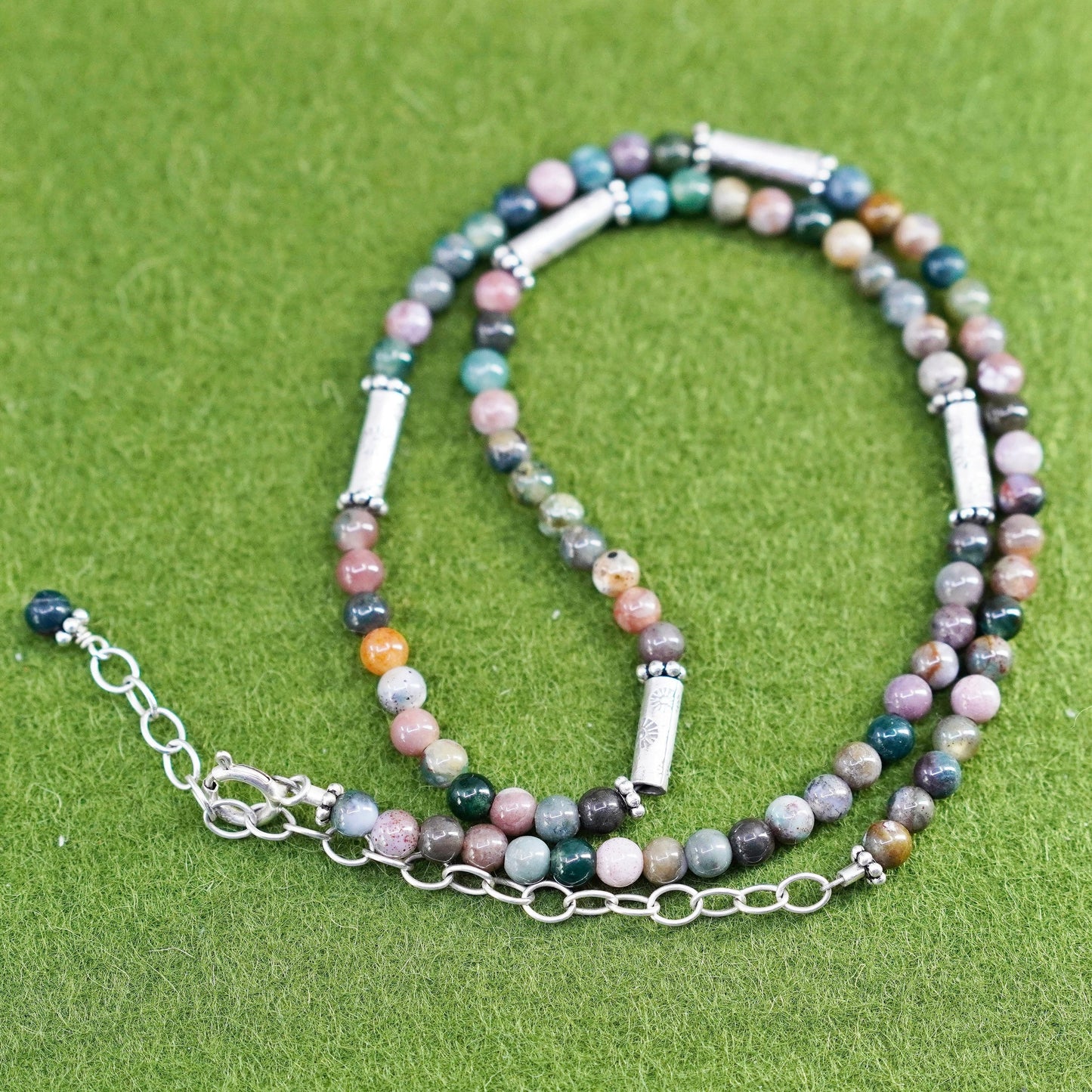 14+3”, vintage sterling 925 silver handmade necklace agate crystal jade beads