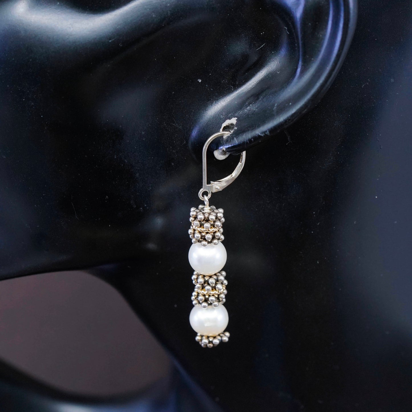 14K yellow gold trim w/ Sterling silver handmade earrings, 925 beads w/ pearl