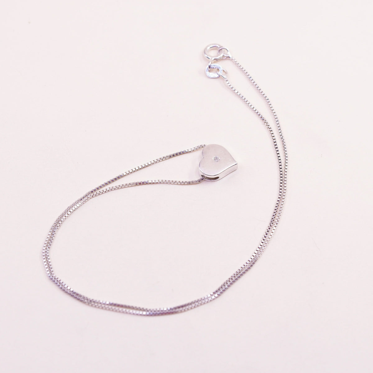 16”, sterling silver handmade necklace, 925 flatten circle chain heart Pendant