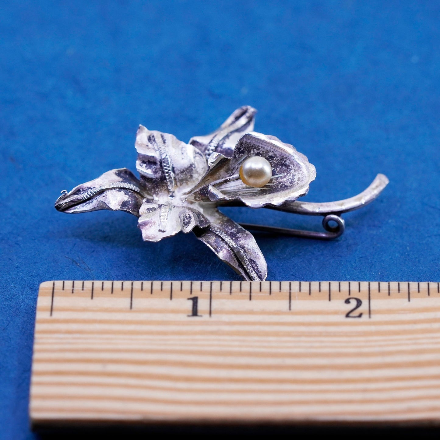 Vintage Mexico Sterling 925 Silver handmade Orchid Flower Brooch pin with pearl