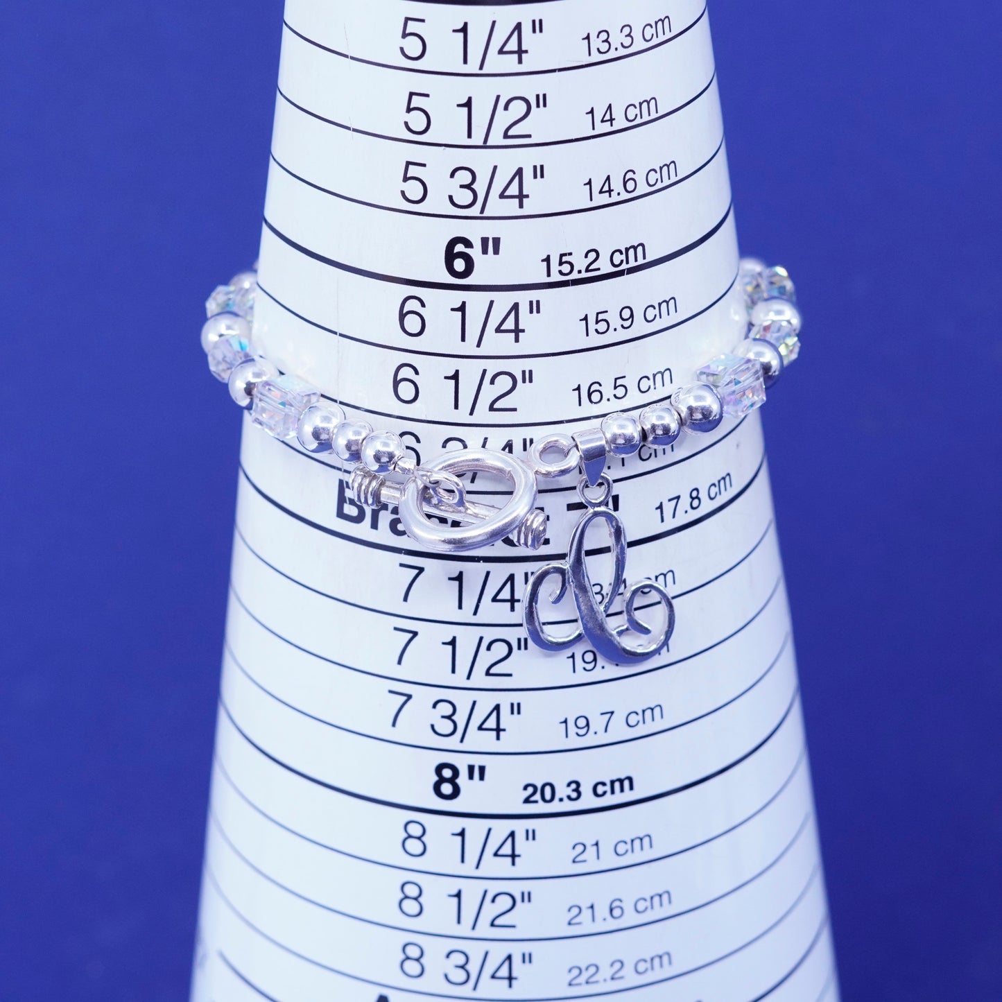 6.75”, sterling 925 silver handmade crystal beads bracelet and initial A charm