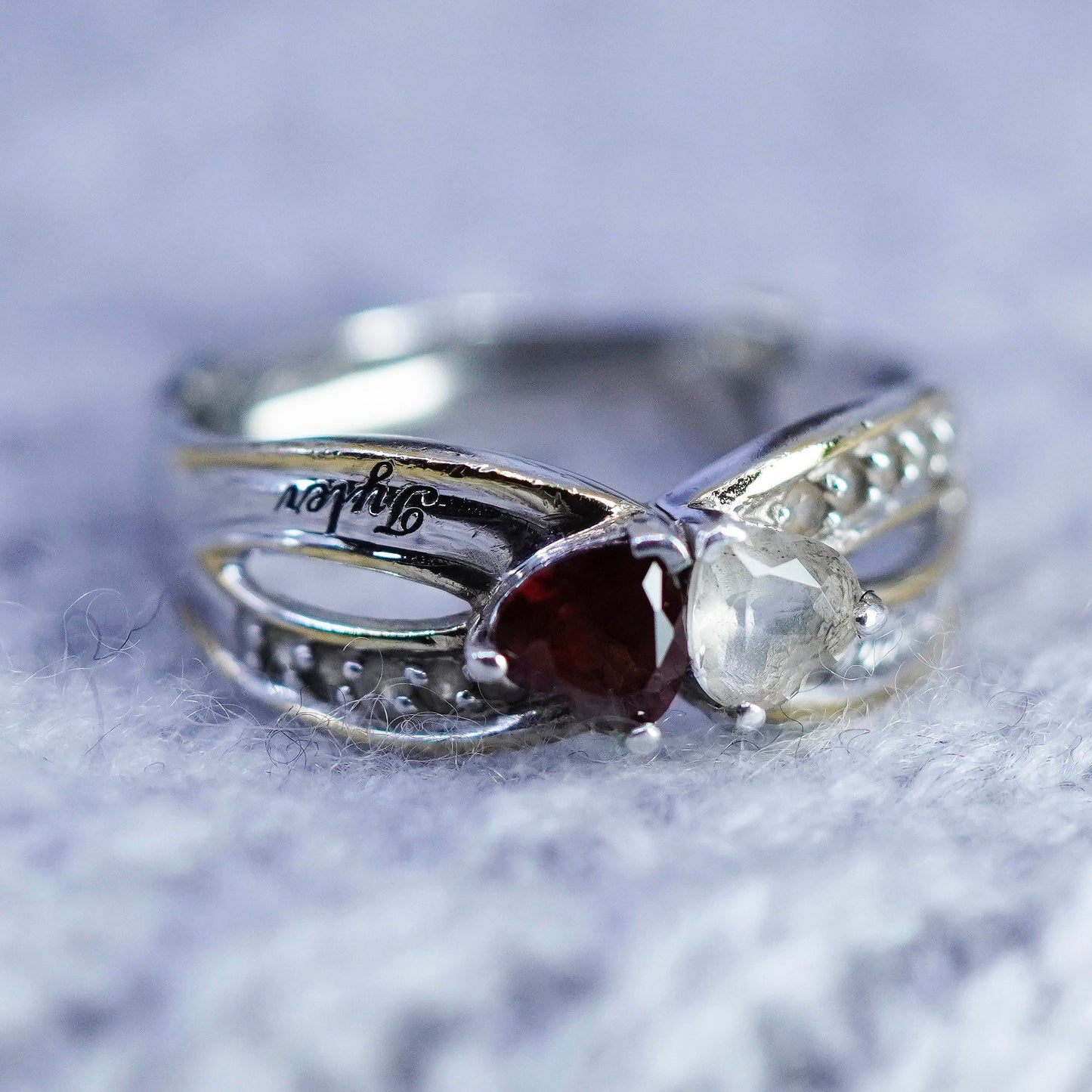Size 8, Sterling 925 silver ring with ruby rose quartz engraved “Kayla Tyler”