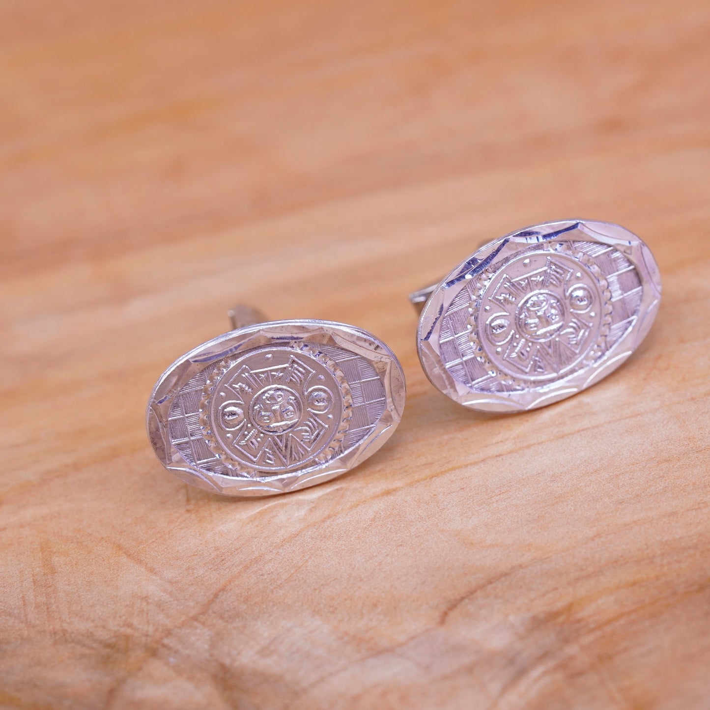 Vintage Mexico mayan handmade sterling silver cufflink, 925 cuff links