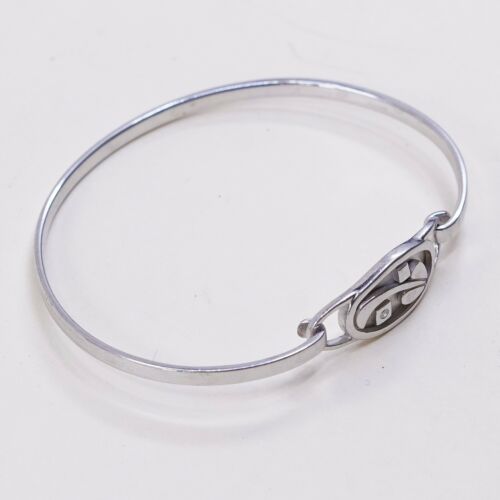 7”, Sterling 925 Silver Handmade Bracelet, Hinged Bangle Embossed Leaf N Diamond