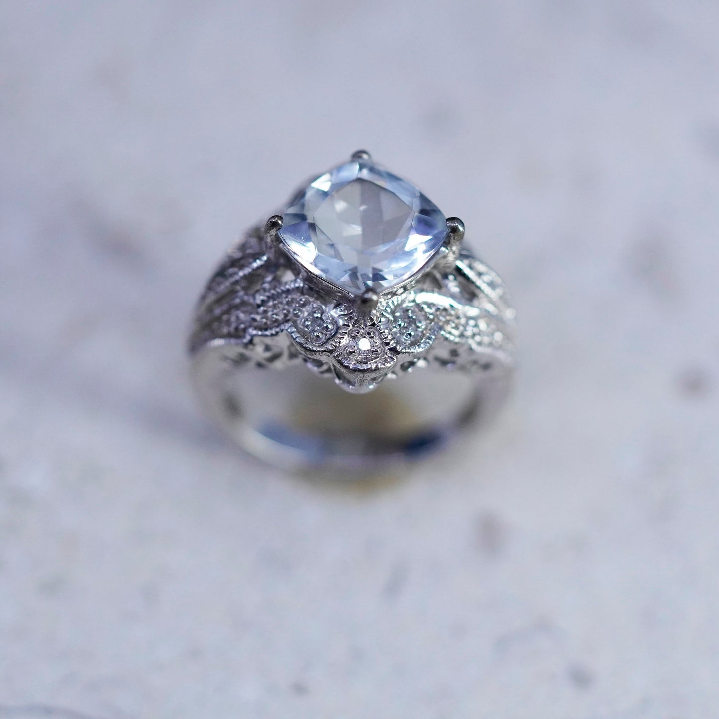 Size 4.75, vintage Sterling 925 silver engagement ring with cluster Cz around
