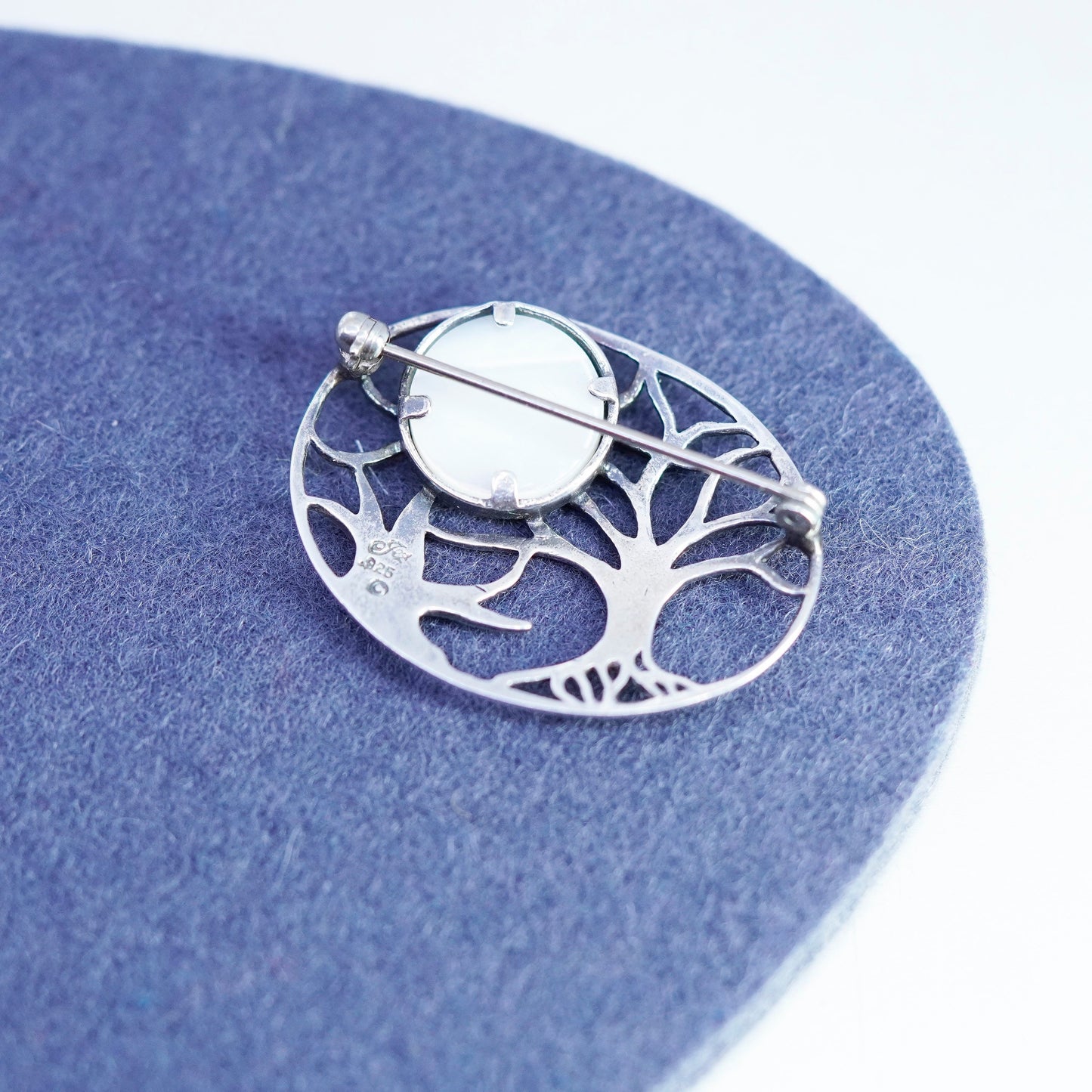 Vintage sterling silver handmade brooch, 925 tree pin with white cats eye moon