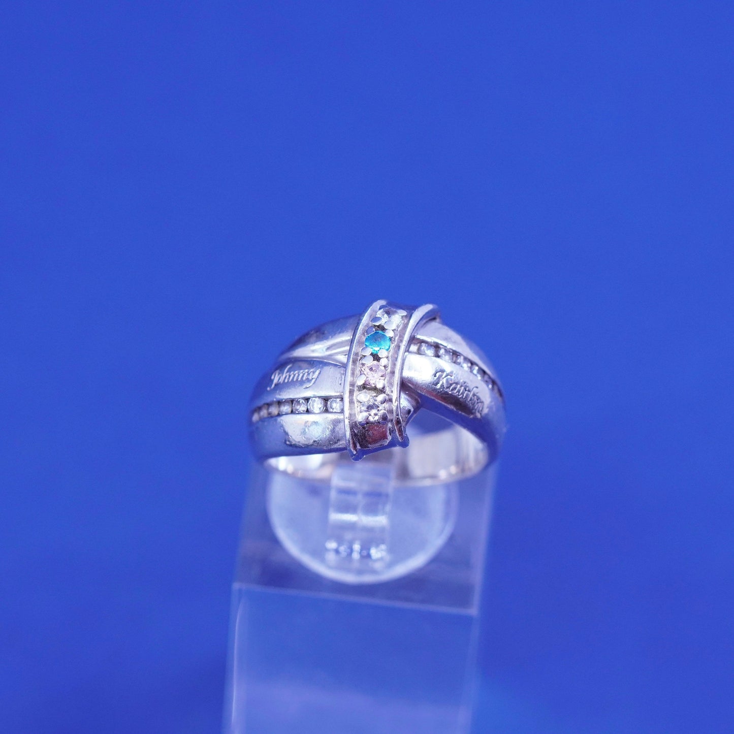 sz 6.25, Sterling 925 silver engagement ring blue pink crystal “Johnny Kaitlin