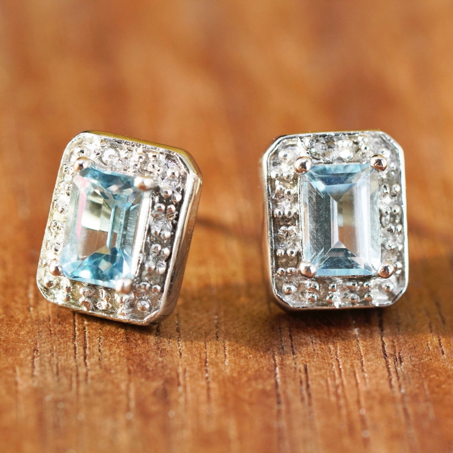 Vintage Sterling silver handmade earrings, 925 studs with blue cz