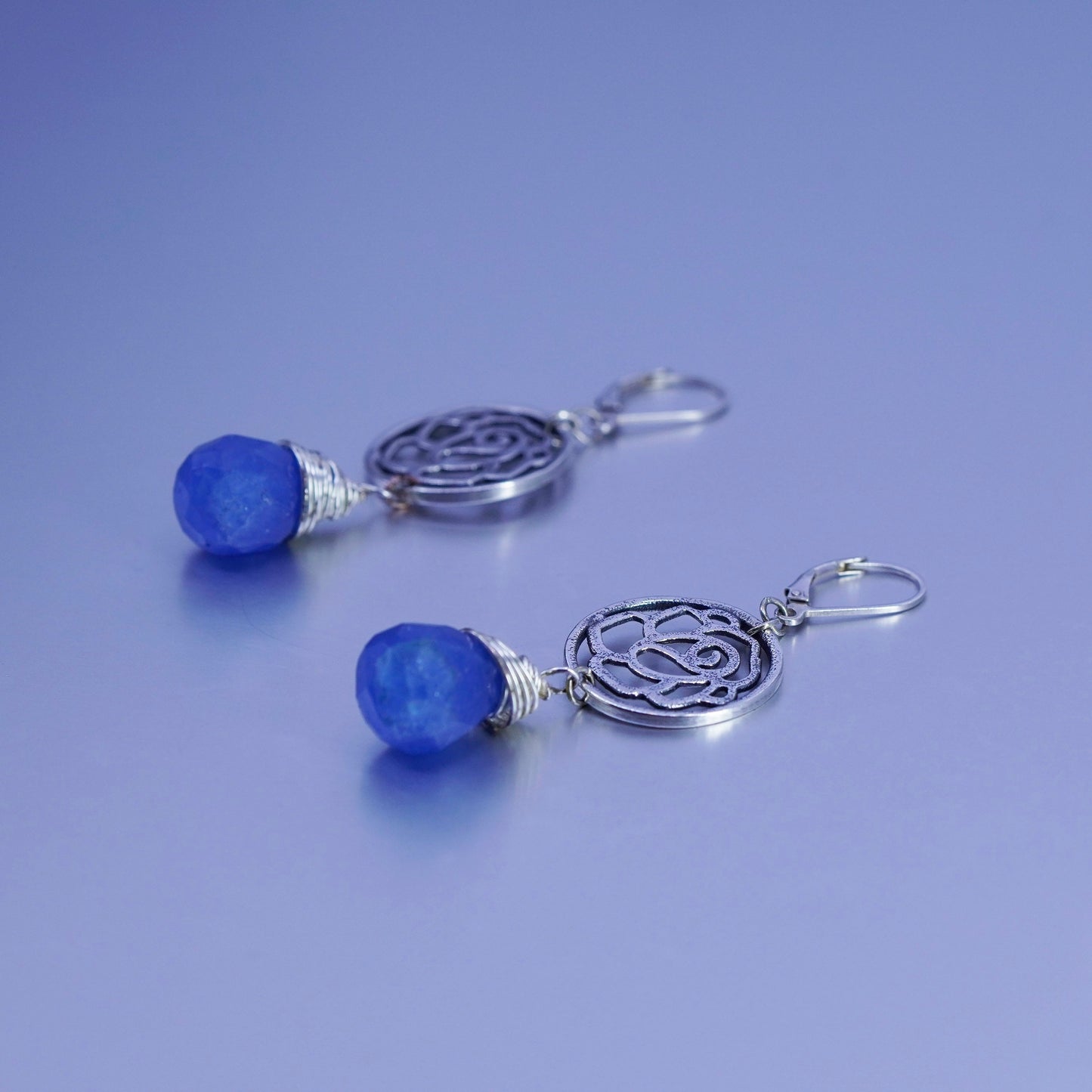 Sterling 925 silver handmade flower earrings with teardrop blue Grandidierite