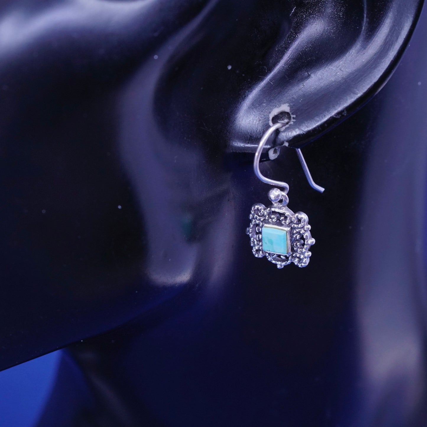 Vintage Sterling 925 silver handmade filigree earrings with square turquoise