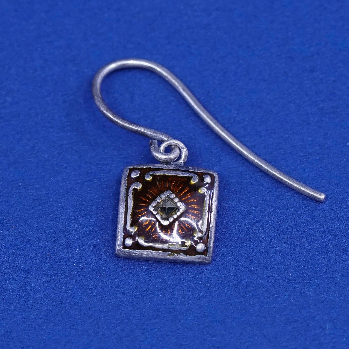 vtg JMA sterling silver handmade earrings, 925 square w/ enamel N marcasite