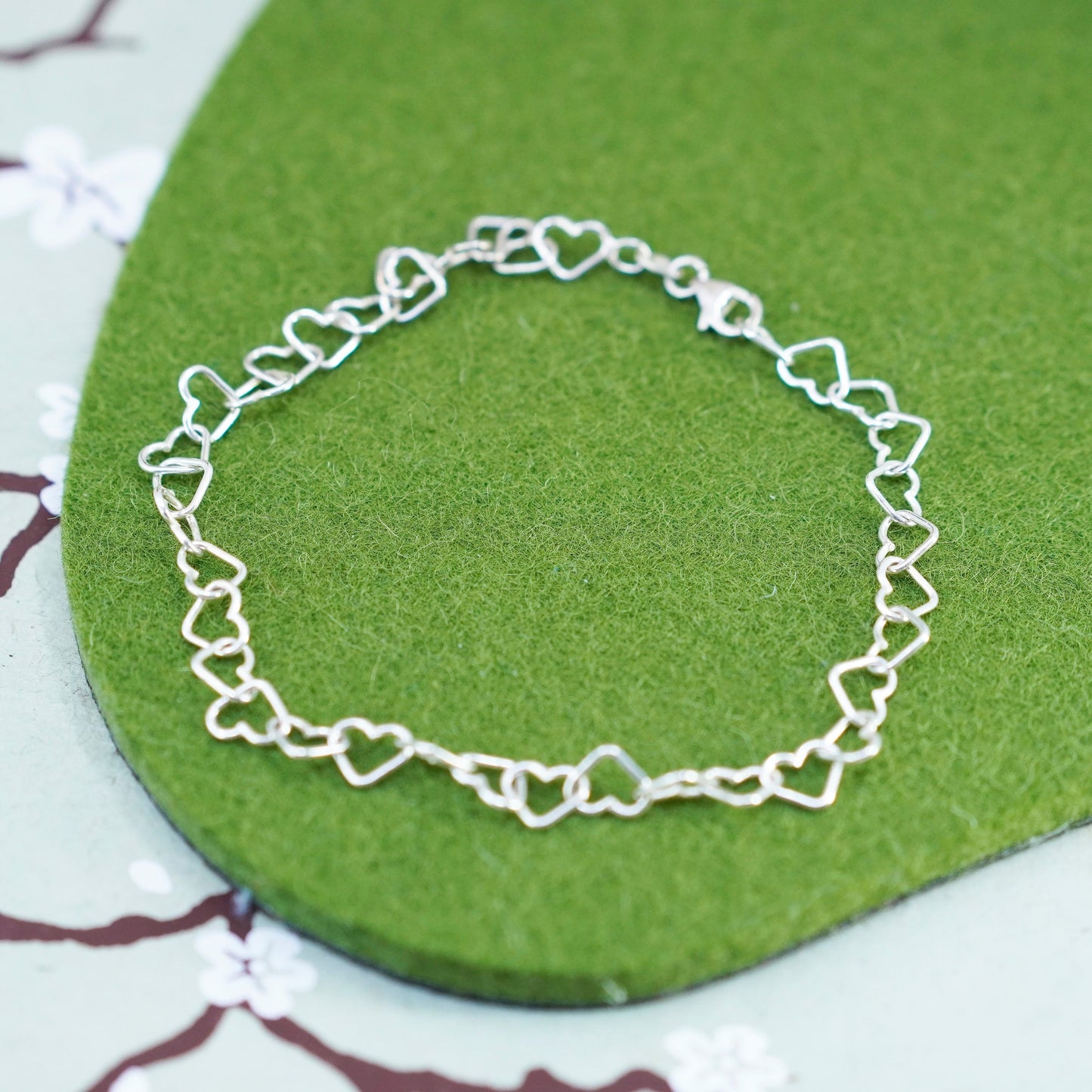 9”, Vintage Italy sterling silver handmade anklet bracelet, 925 heart chain