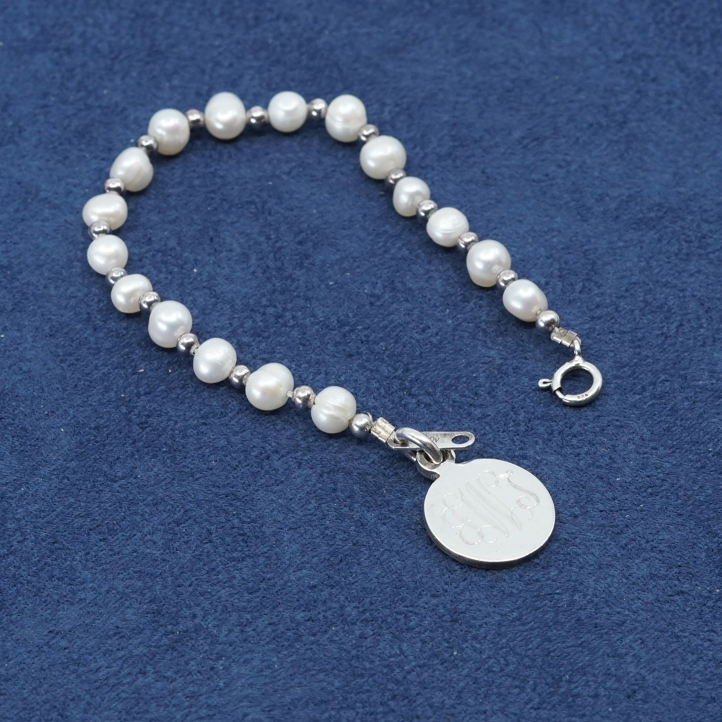 5.5", Sterling silver handmade bracelet 925 charm engraved monogram “JWJ” pearl