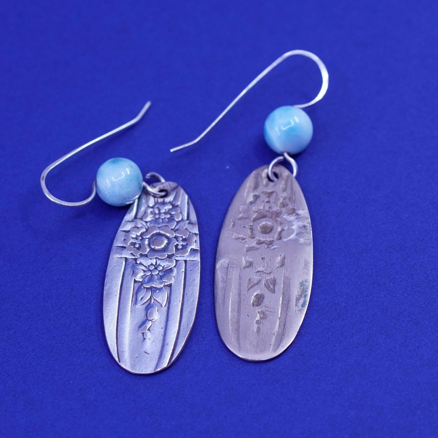 Vintage Sterling 925 silver handmade earrings with flatten spoon drops larimar