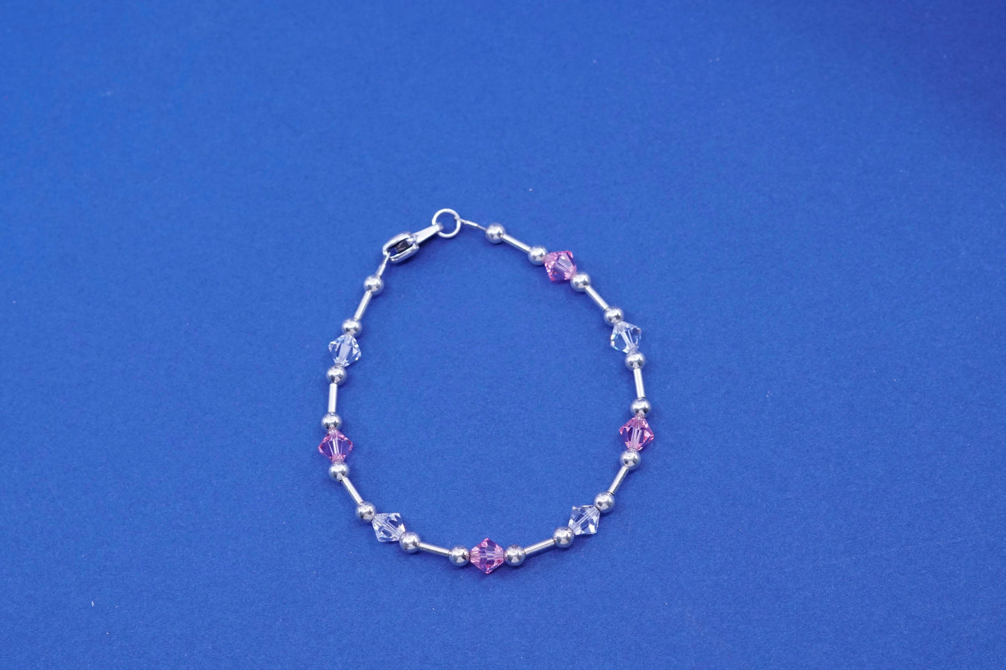 6.75”, vintage sterling 925 silver handmade bracelet with pink crystal beads