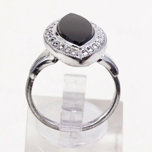 Sz 6.5, Vtg theda Sterling Silver Handmade Ring, 925 Band W Obsidian N marcasite