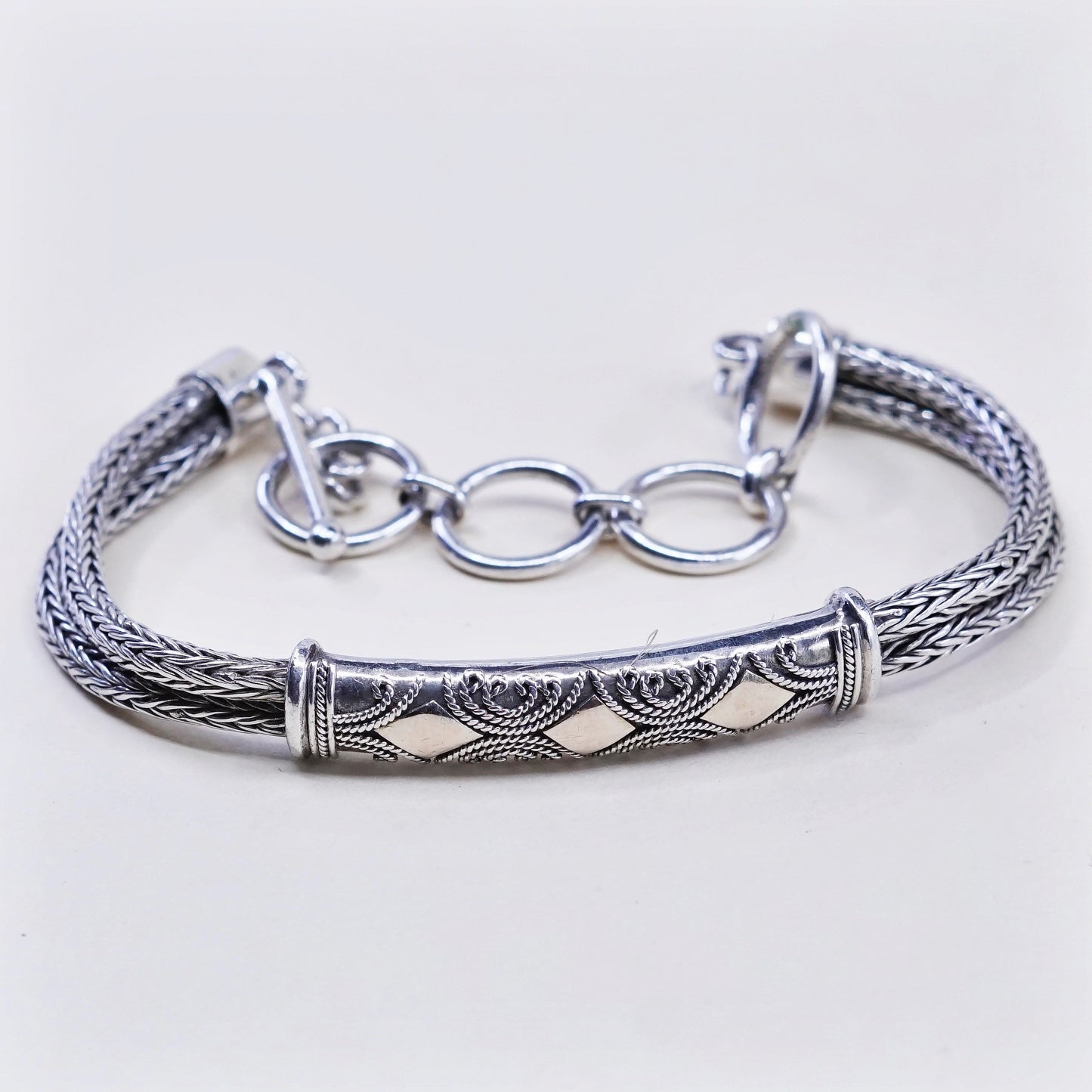 6.5”+1”, 14K gold accent w/ sterling silver bracelet, double strands 925 wheat