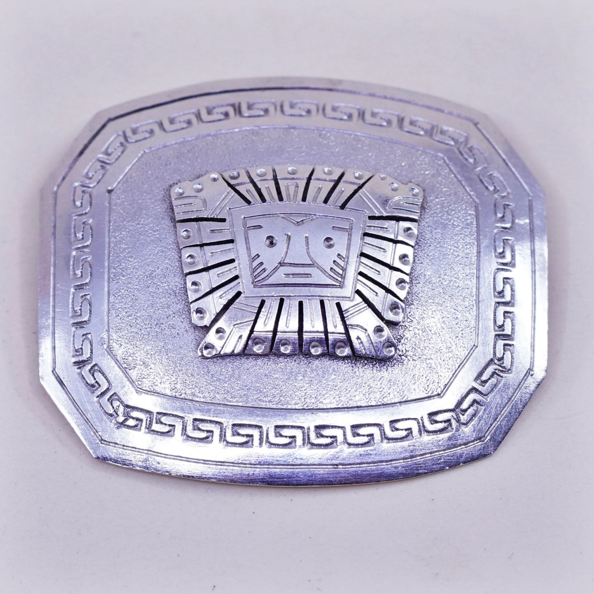ancient Sterling silver handmade brooch, antique 925 disc with Inca inti god