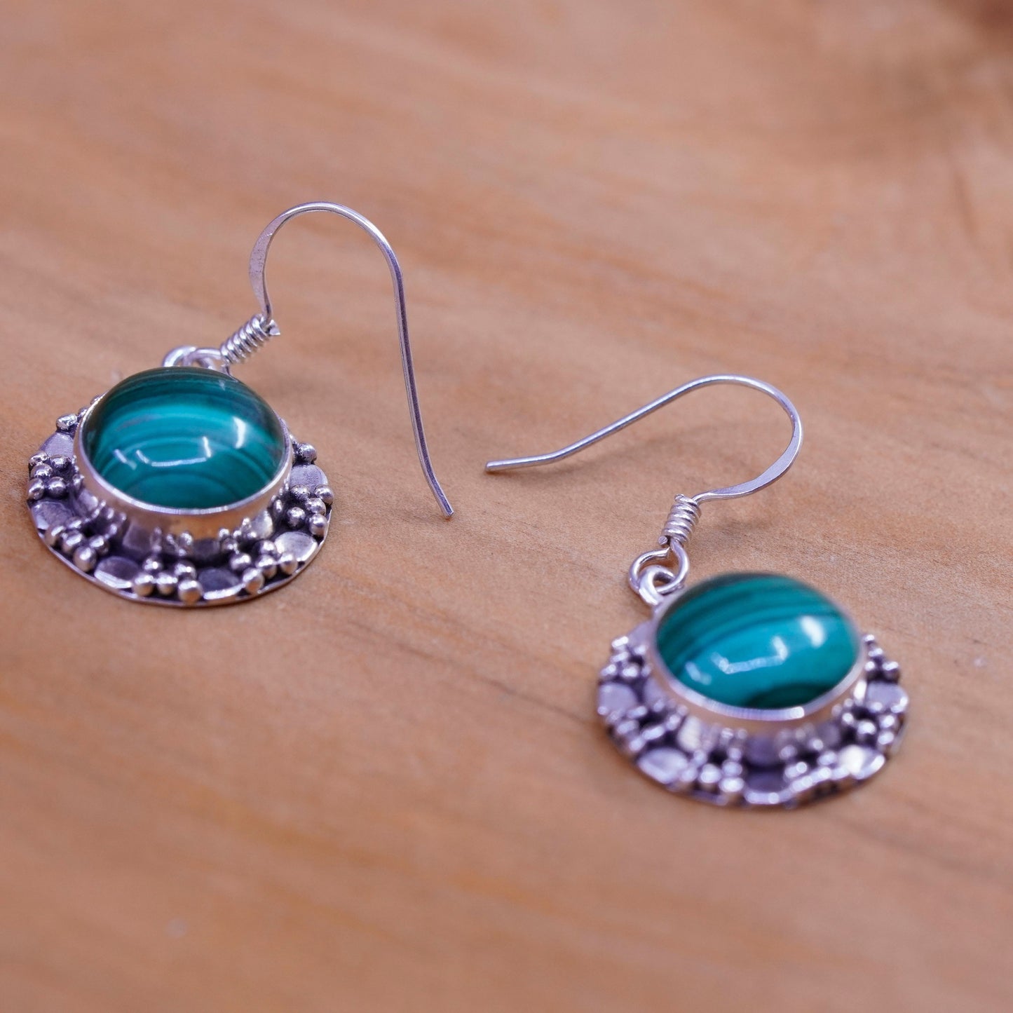 Vintage Sterling 925 silver handmade earrings with round malachite and beads