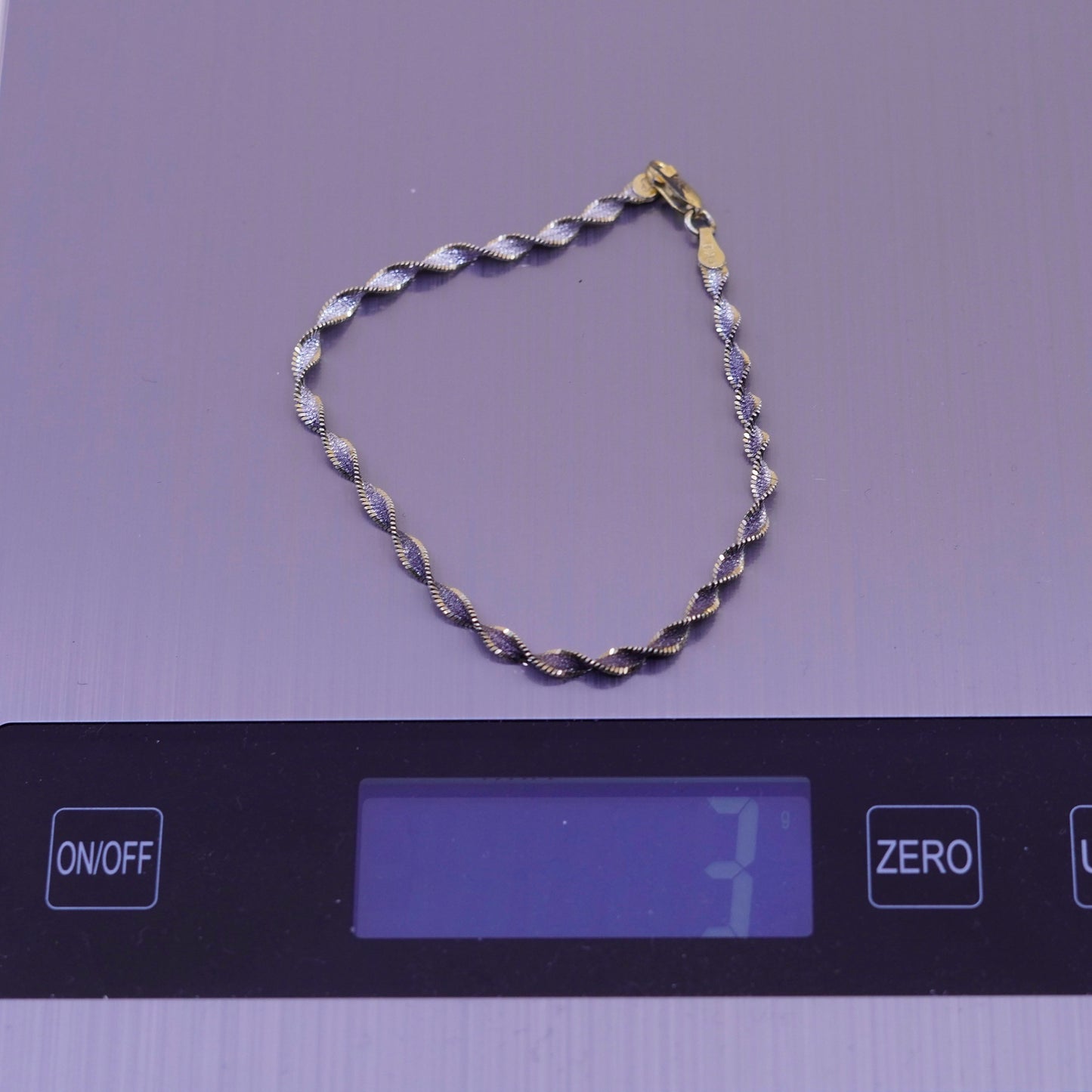 7.75”, vermeil gold sterling silver bracelet, 925 twisted herringbone chain